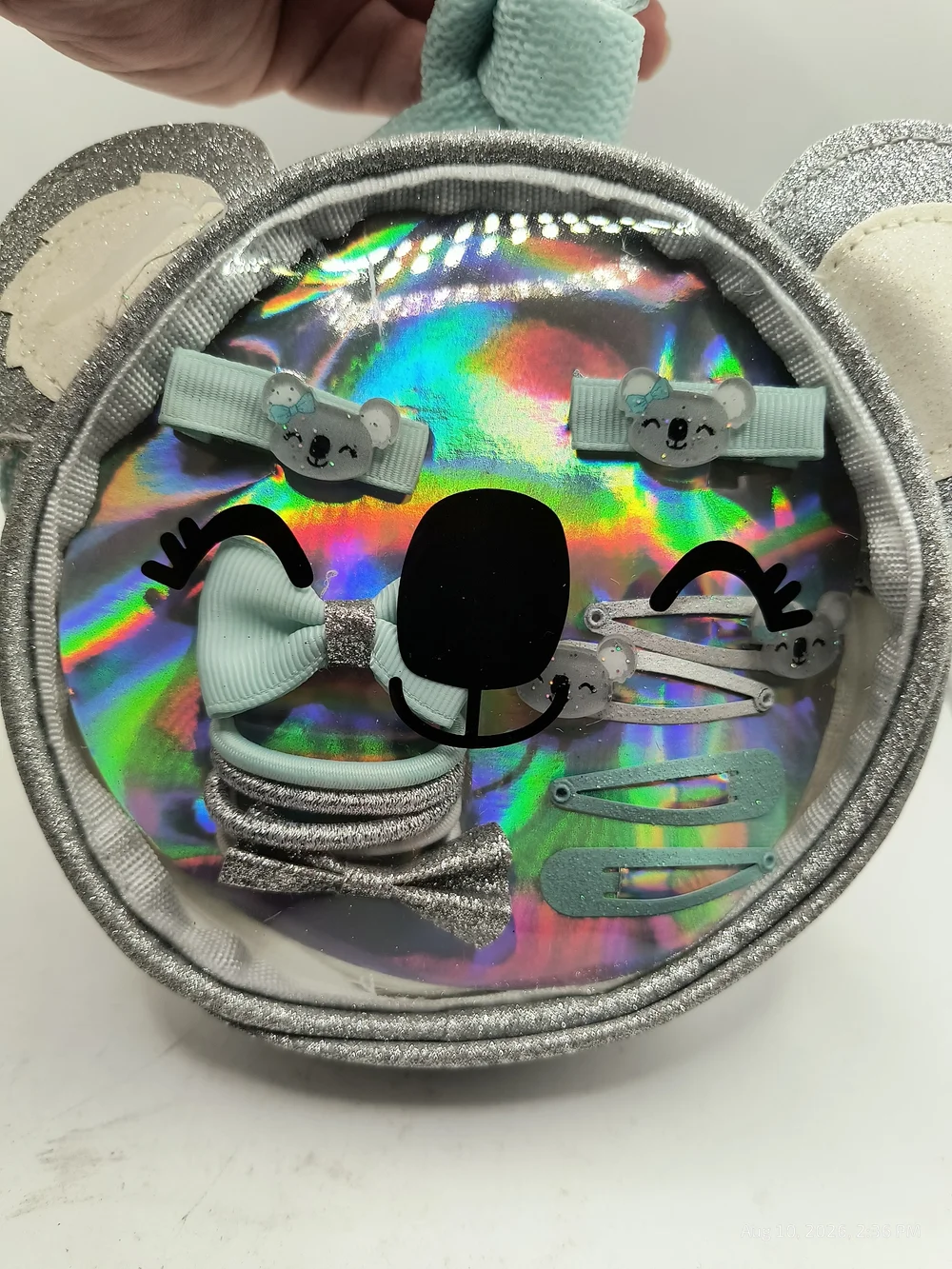 Kids Silver Clear Holographic Koala Hair Accessory Set And Carry Bag Light Blue